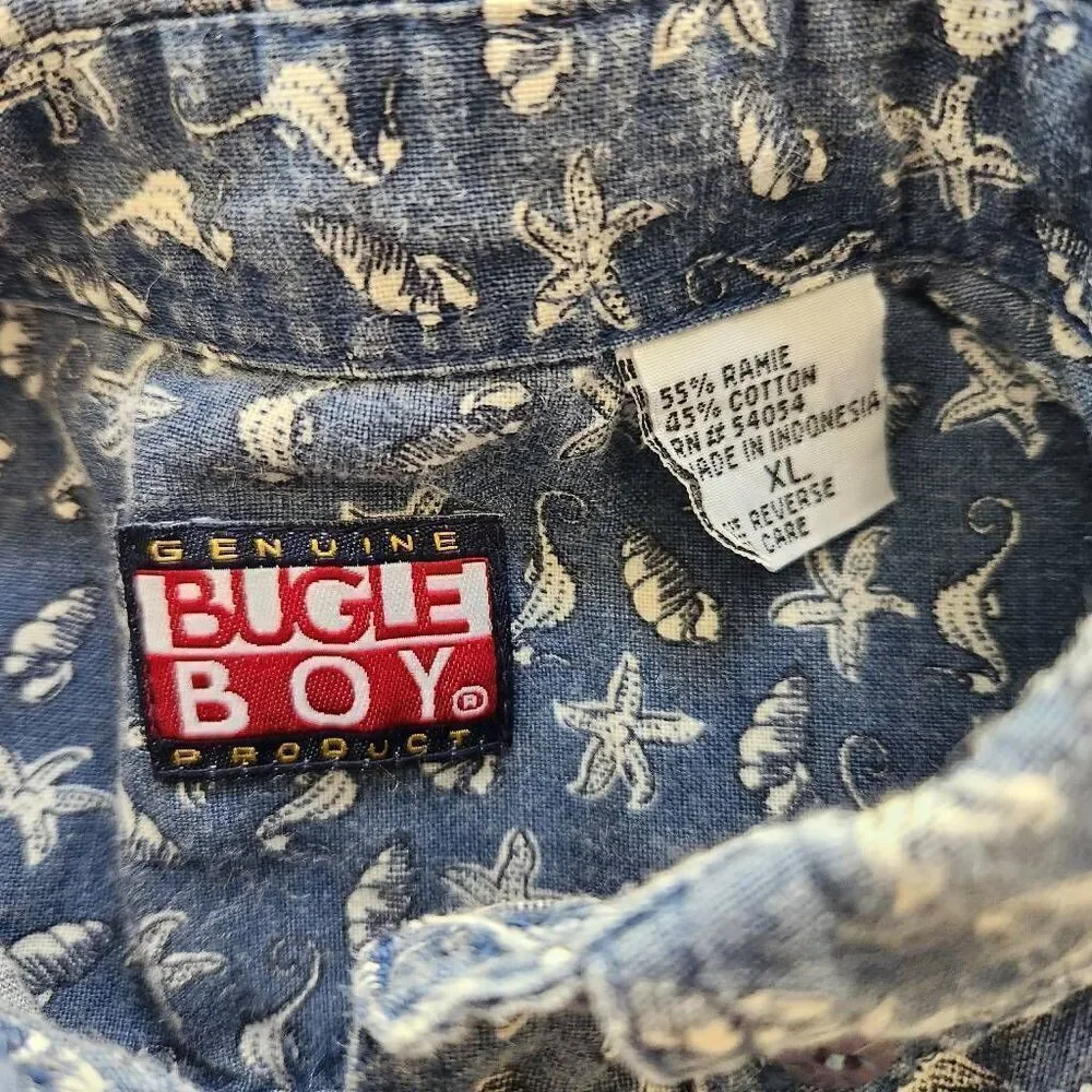 Bugle Boy boys size 7-8 year blue button-up nautical seashell seahorse casual dr